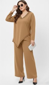 Resim Kadın Büyük Beden Truvakar Kol Asimetrik Kesim Taş Baskı Detaylı Eşofman Takımı 8247-26 - 4XL / Lacivert 