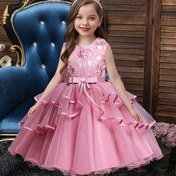 Resim Gençler için Boho Çiçekli Polyester Elbise, Esnek Olmayan Kumaş, Düzenli Kesim, Yay Detayı ile, Tüm Mevsimler için, Örgü Prenses Akşam Elbisesi 