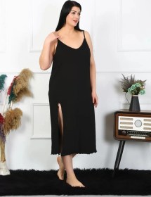 Resim Moda Kadın Büyük Beden İp Askılı Pamuklu Siyah Uzun Gecelik Siyah 