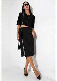 Resim Mois Atelier Siyah Kısa Kol Crop Ceket Yırtmaçlı Kalem Etek Beyaz Biye Detaylı Takım Tasarım Siyah 