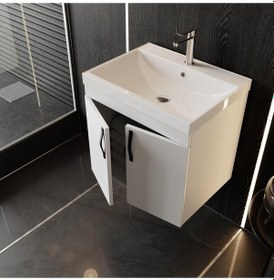 Resim Ege 60 Cm Led Aynalı, 2 Kapaklı Banyo Dolabı Seti, Seramik Lavabo Dahil, Led'li Beyaz 