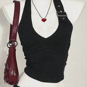 Resim Y2K Tarzı Metal Halkalı ve Zincir Askılı Siyah V-Yaka Halter Üst - %100 Polyester Esnek Yazlık Sokak Giyimi, Makinede Yıkanabilir Cesur Moda Üst 