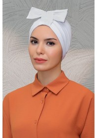 Resim Hürrem Bone Beyaz Pratik Hazır Geçmeli Tesettür Bone Sandy Kumaş Fiyonklu Büz Beyaz 