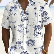Resim Erkekler için Tropikal Palmiye Baskılı Rahat Hawai Gömleği, Plaj Tatili ve Seyahat için Kısa Kollu Düğmeli, Beyaz Tabanlı Mavi İllüstrasyonlu, Hafif Polyester Kumaş, Yazlık Geziler İçin Mükemmel 