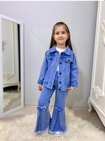 Resim Modavals Fiyonk Detaylı İspanyol Paça Kot Pantolon & Kot Ceket & Badi Kız Çocuk Kombin Çok Renkli 