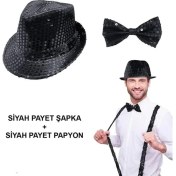 Resim Siyah Payetli Şapka ve Papyon Seti – Parıltılı Yetişkin Kostüm Seti 