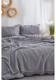 Resim Gri 4 Katlı Müslin %100 Pamuklu Pike - Yatak Örtüsü - Tv Battaniy Gri 