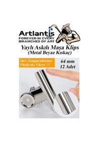 Resim Artlantis Yaylı Askılı Maşa Klips 64 MM 12 Adet Metal Beyaz Kıskaç 