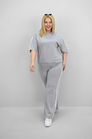 Resim Kadın Büyük Beden Şerit ve Bel Büzgü Detaylı Kısa Kollu Eşofman Takımı 8197-25 - 5XL / Gri Melaj 