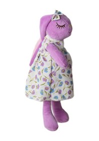 Resim İthal Kumaş Uzun Kulaklı Renkli Kıyafetli Sevimli Tavşan Peluş Oyuncak Uyku & Oyun Arkadaşı 30 Cm. Lila 