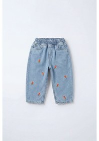 Resim Magu Unisex Çocuk Pamuklu Balon Nakışlı Oversize Kot Pantolon Mavi 