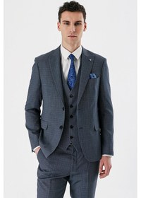 Resim İmza Koyu Lacivert Desenli Kırlangıç Yaka Yelekli 6 Drop Slim Fit Dar Kesim Klasik Takım Elbise 1001240157-koyu Lacivert Koyu Lacivert 