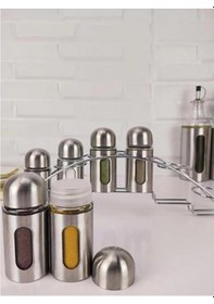 Resim Standlı Metal Baharatlık Seti 6lı Cam-435 Gri 