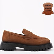 Resim Muggo Paradise Hakiki Deri Kalın Taban Günlük Casual Makosen Kadın Loafer Ayakkabı Taba Süet 
