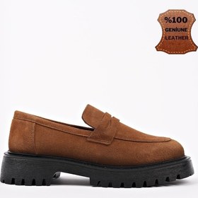 Resim Muggo Paradise Hakiki Deri Kalın Taban Günlük Casual Makosen Kadın Loafer Ayakkabı Taba Süet 