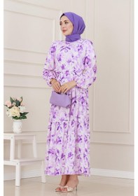 Resim Sevitli Yarım Düğmeli Lotus Elbise-mor-5246 Mor 