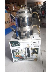 Resim Lines Ayperi L-3040 Mega Boy Çaydanlık No:10 Paslanmaz Çelik Büyük Boy Çaydanlık Takımı 2.5 L + 4.5 L Gold Saplı Krom 
