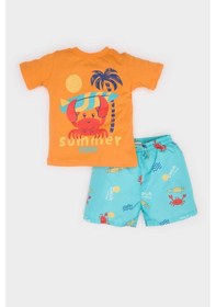 Resim DeFacto Erkek Bebek 2'li Takım Yengeç Baskılı Kısa Kollu Tişört Esnek Belli Deniz Şortu E3521A525SMOG313 Turuncu 
