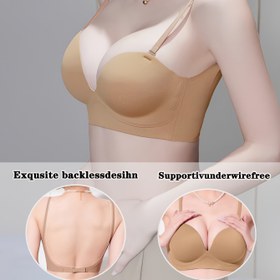 Resim Kadınlar için U Şeklinde Push-Up Sırtı Açık Sütyen - Telsiz Rahat Oturuş, Küçük ve Orta Göğüslü Kadınlar İçin Orta Destekli Yuvarlak Yaka Tasarımı, Zarif Düz Renk Yazlık Moda İç Çamaşırı, Askısız Push Up Sütyen, Konforlu İç Giyim, Pürüzsüz Doku 