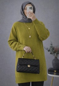 Resim ModaAzen Yağ Yeşili Bisiklet Yaka Oversize Kadın Triko Tunik 