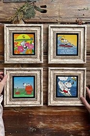 Resim Oscar Stone Decor Çerçeveli Taş Tablo Duvar Dekoru 20x20cm 4'lü Set Snoopy Set 