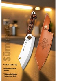 Resim Sürmene Serisi Action Mutfak Şef Bıçağı Bıçak Kamp Bıçağı Deri Kılıflı Kahve Verzalit Sap Hds-124 Kahverengi 