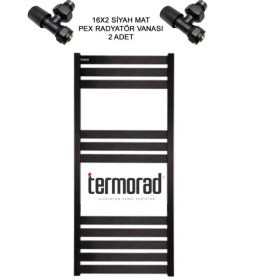 Resim Mat Siyah Alüminyum Havlupan 50*110 cm Termorad Petsa Slim +2 Adet Radyatör Havlupan Vanası 16X2 Pex Siyah Mat 1/2' 