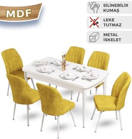 Resim Canisa Mun Serisi 80x132 Açılabilir Mdf Beyaz Mutfak Masası Takımı Ve 6 Hardal Sandalye 