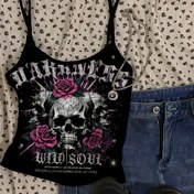 Resim Y2K Koyu Gotik Kafatası Baskılı Kolsuz Atlet - Pembe Çiçeklerle ve Yıldız Desenli, Spagetti Askılı, Tüm Mevsimler İçin Moda, Gotik Moda | Kafatası Baskılı Üst | Yıldız Desenli, Gotik Giyim 