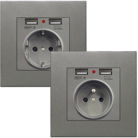 Resim EU Standartlı, Gümüş Gri, 16A 250V Çift USB ve Gösterge Işıklı, Duvar Tipi Priz - Ev, Otel, Ofis için Uygun 