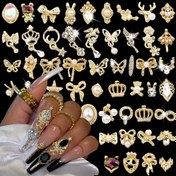 Resim Rhinestones / İnciler ile 30 adet Lüks Tırnak Charms, Simli Altın Nail Art Aksesuarları, Nail Art Dekorasyon için 3D Alaşım Nail Art Takı 