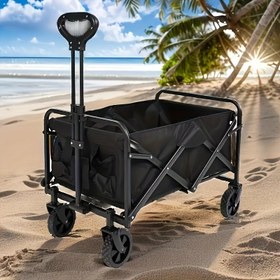 Resim 1 adet tüm mevsimler için katlanabilir çok amaçlı 360° dönebilen tekerlekli, büyük kapasiteli dayanıklı metal çerçeveli el arabası - bahçecilik, plaj gezileri ve evcil hayvan seyahatleri için uygun siyah taşınabilir dış mekan depolama kutusu, pratik tutma yeri—dört tekerlekli bahçe arabası, iki renk seçeneği mevcut 