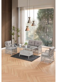 Resim Roma Rattan Bahçe Balkon Takımı 2+1+1 Cam Masalı Gri 