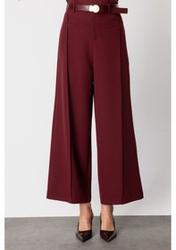 Resim On Kadın Beli Kemerli Bol Paça Pantolon 64133 Bordo Bordo 