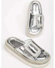 Resim Kadın Taşlı Dolgu Topuk Terlik Gümüş Taban Taş Detaylı-3756 Gümüş 