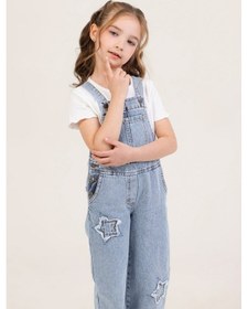 Resim Kot Yıldız Desenli Cepli Rahat Kesim Tulum Askılı Jean Kız Çocuk Salopet Mavi 