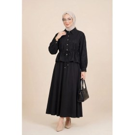 Resim Moda Morfo Taşlı Düğmeli Beli Bağlamalı Etekli Jakar Takım -Siyah 