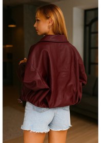 Resim Prifaldi Oversize Bomber Deri Ceket Bordo 