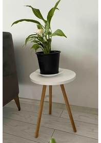 Resim Tekli Yan Sehpa Çiçeklik Saksılık Standı Dekoratif Yan Sehpa Seti Ahşap Ayaklı 33 Cm Çap - Beyaz Beyaz 