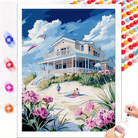 Resim 1 adet 30x40cm Plaj Evi Elmas Boyama Kiti, Tam Set Araçlar ile - Canlı Deniz Manzarası, Yuvarlak Elmaslar, Yağlı Tablo, Başlangıçlar ve Yetişkinler için İdeal, Anneler Günü için Mükemmel Hediye, Ev Dekorasyonu Sanatı, Plaj Evi Dekoru | Canlı Plaj Manzarası | Detaylı 
