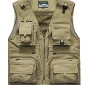 Resim Zipper Cepli Kargo Yeleği, Erkeklerin Bahar Yaz Açık Hava Balıkçılık Fotoğrafçılığı için Rahat V Yaka Fermuarlı Yelek 