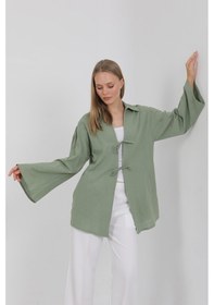 Resim %100 Pamuk Keten Cepli Bağcıklı Kadın Kimono 1165 Gömlek Yaka, Nefes Alan Kumaş Yeşil 