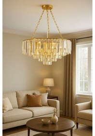 Resim Güneş Model Gold Kaplama Şık Kristal Tarz Kristal Salon Oturma Yemek Odası Hol Antre Avize Sarı 