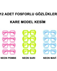 Resim Fosforlu Kare Model Glow Parti Gözlüğü Karanlıkta Yanan Gözlükler 12 Adet 