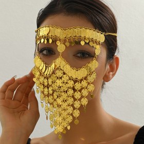 Resim Orta Doğu Esintili Altın Para Katmanlı Püskül Yüz Peçesi - Şenlikli ve Özel Günler İçin Detaylı Kesik Üçgen Tasarımlı Egzotik Çok Katmanlı Metalik File 