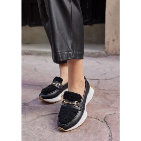 Resim Nilufarr Shaggy Siyah Deri Kürklü Kadın Sneaker 