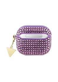 Resim Apple Uyumlu AirPods 3. Nesil Kılıf Guess Lisanslı Parıltılı Taş Kaplamalı Üçgen Logo Süs Zincirli Mor 