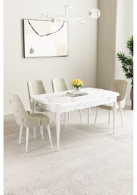 Resim Clara Beyaz Mermer Desen 80x132 Açılabilir Yemek Odası Takımı 4 Adet Sandalye Krem 