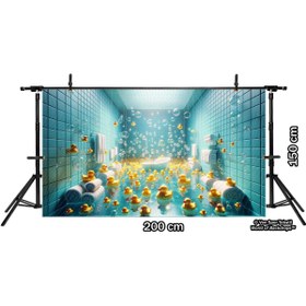 Resim Venspor Renkli Banyo Temalı Ördek ve Baloncuklu Arkaplan 200x150cm Fon Duvar Örtüsü 