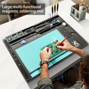 Resim Isıya Dayanıklı Manyetik Lehimleme Matı ile Kaymaz Yalıtım & Turkuaz Yüzey - Büyük Çok Fonksiyonlu PVC/Silicone Elektronik Tamir Masası, İşlevsel Alanlar ile PCB, Telefon Bakımı ve Hobi için Profesyonel Tezgah 